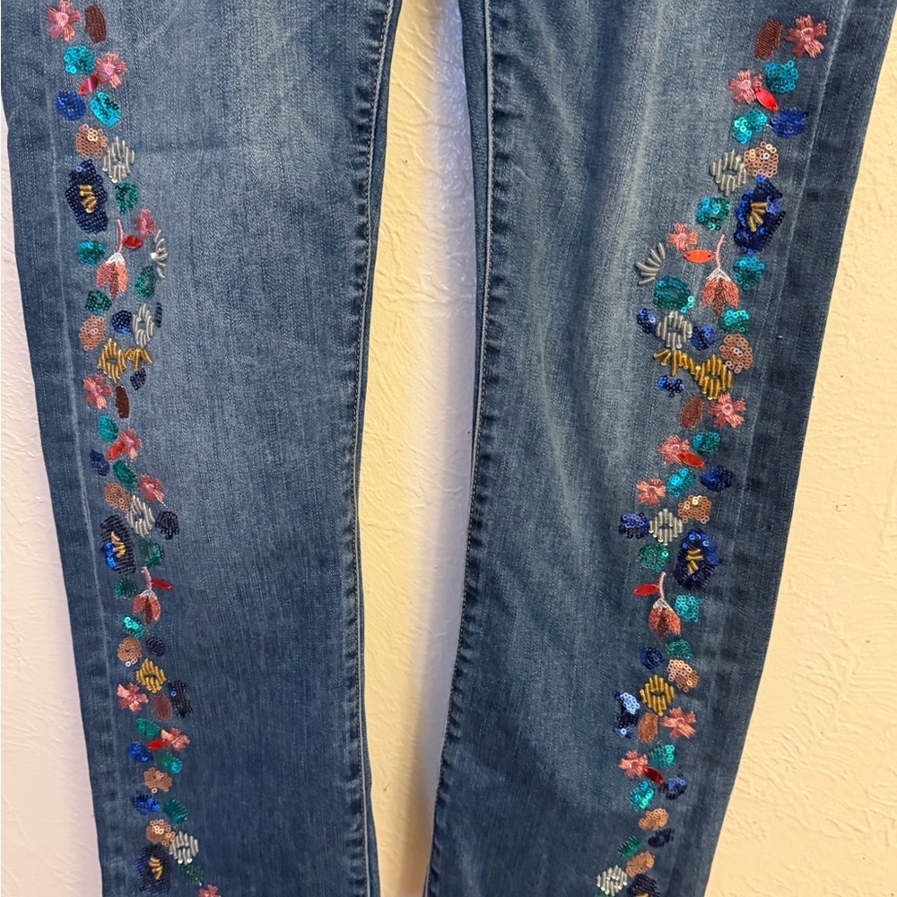 Anthropologie Blue Jeans with Colorful Floral Accents - Picture 3 of 9